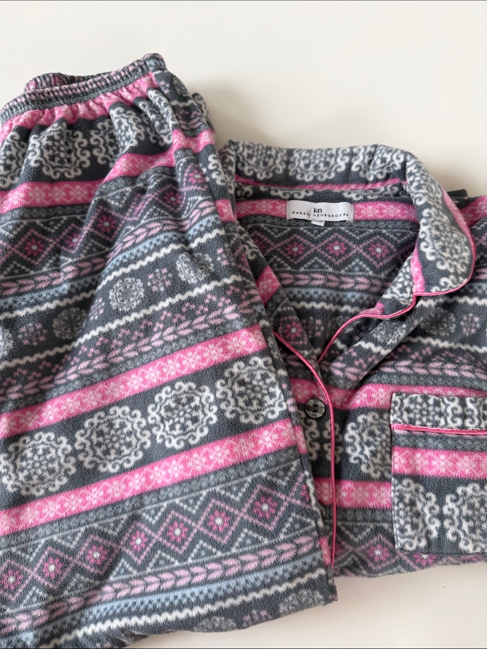 Karen Neuburger Gray and Pink Fair Isle Fleece Pajama Set